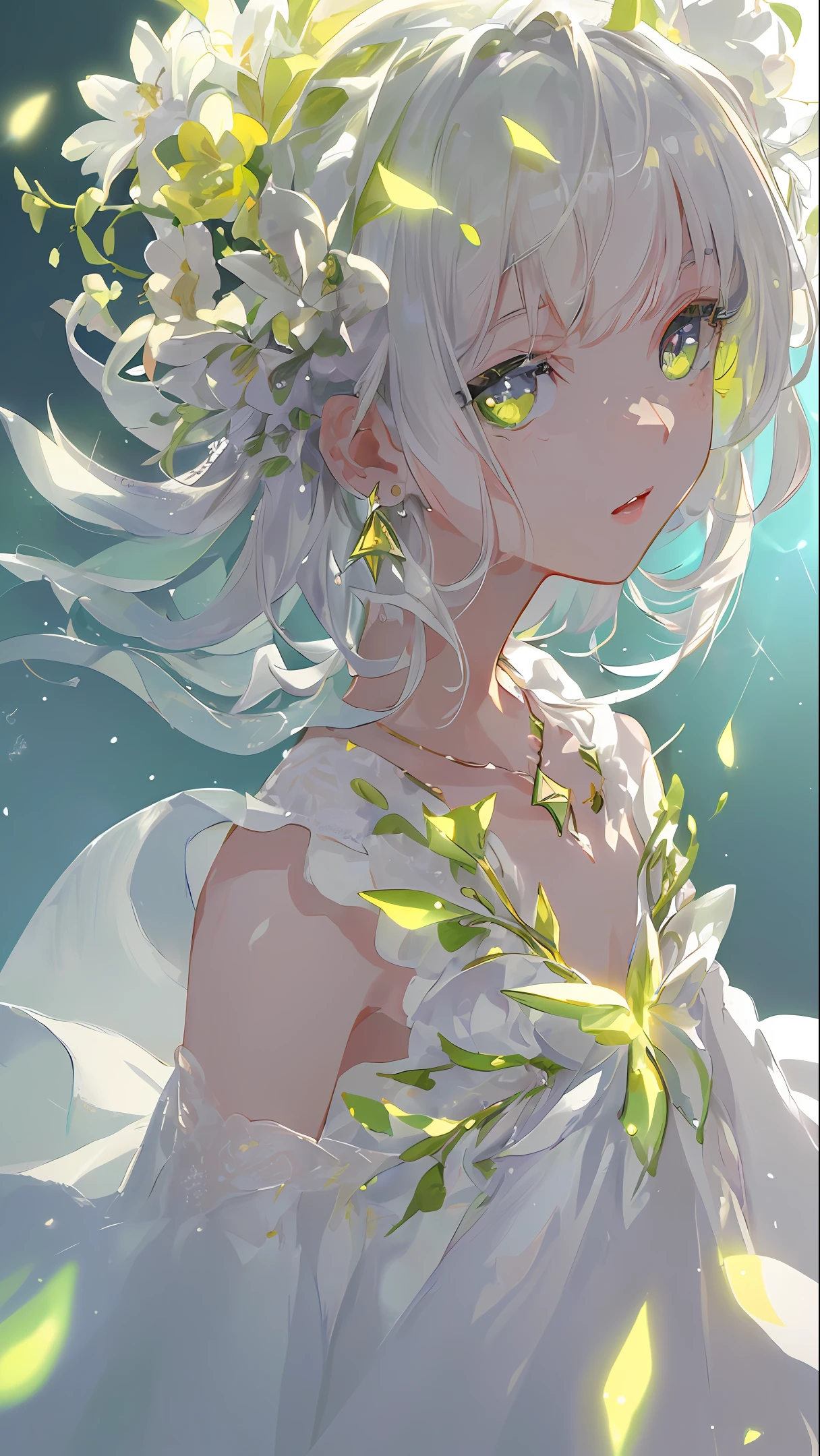 masterpiece, best quality, illustration, side shot, lime yellow, platinum earrings, platinum necklace, white dress, 1girl, cute, (dynamic lighting:1.2), cinematic lighting, delicate facial features, detailed eyes, sharp pupils, realistic pupils, depth of field, bokeh, sharp focus, (hyper-detailed, bloom, glow:1.4), many small gems