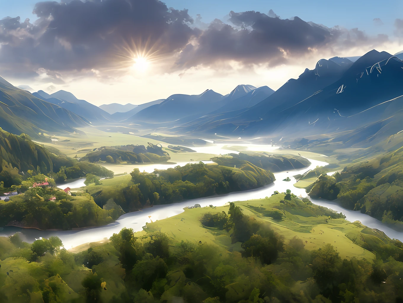 A wide valley surrounded by green meadows surrounded by verdant peaks. The Tuotuo stream gurgles through the grass, and its surface reflects the surrounding scenery like a mirror. On both sides of the stream, stone-paved paths stretch upwards, with fragrant wildflowers and lush trees on both sides. As you walk up the path, the contours of the peaks are constantly changing, showing different beautiful scenery from different angles. Looking at the valley from a distance, the clouds and mist linger, giving people a vision like a fantasy. On the side of the valley, large and small waterfalls on the cliffs hang down like bead curtains, and the water droplets sprinkle on the face, refreshing and pleasant. On a peak, you saw a temple, with red roofs and white walls, graceful in the wind, as if it were a corner of paradise. Next to the temple is a vibrant small village, with small wooden houses and stone villas scattered among the mountains and rivers, forming a unique landscape. Gradually, the sun slanted to the west, and the warm sunset glow was rendered in the sky. Against the backdrop of the mountains and trees, it looked even more colorful. You feel real peace and comfort here, as if you can live in harmony with nature here. This is a landscape in a dream