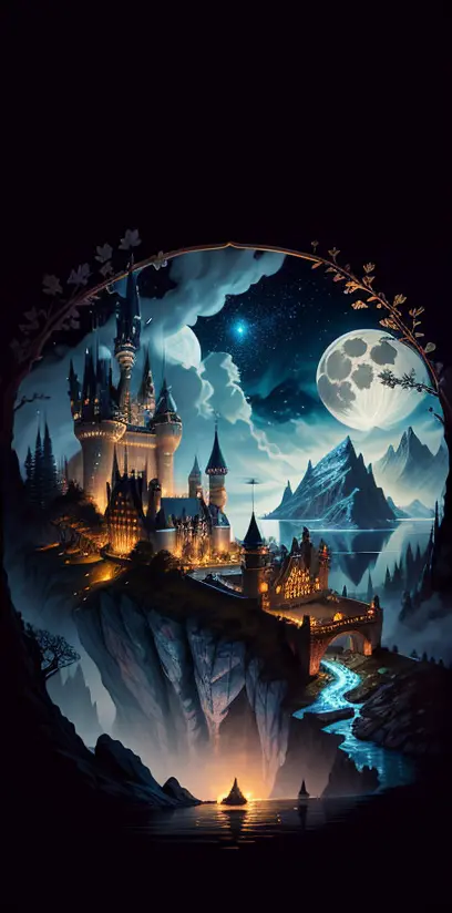 A castle poster with a full moon in the background, viewed from a cave, with a solid black background above and below. Close view with lake with reflection, detailed drawing inspired by gaston bussiere, shutterstock, fantasy art, enchanted castle, enchanted background, art of harry potter, highly detailed magical fantasy, scary castle)). mystical, background hogwarts, hogwarts setting, magic castle school on the hill, fairytale painting, magical composition, night scene
