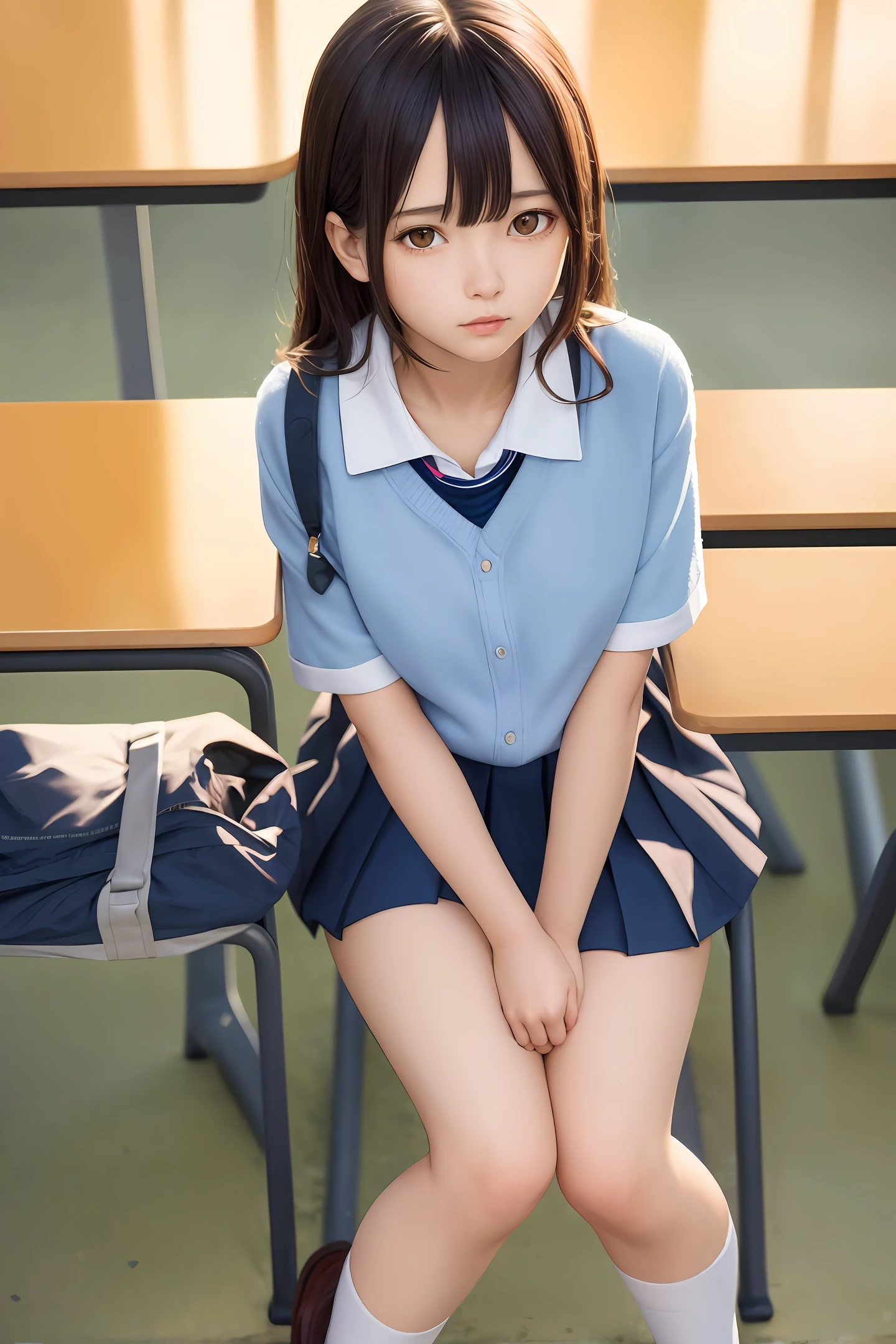 artwork, finest quality, ultra detailed, illustration, colorful, falt colors, depth of field, lens flare, 1girl, anime, sitting, dark hair, looking at viewer, school, classroom, pleated miniskirt, school uniform, serafuku, texture Detailed skin, detailed fabric texture, beautifully detailed face, half squat