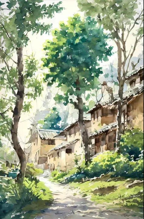 Watercolor painting, small path of Chinese rural houses, trees, bright sun, shade,