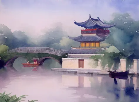 Watercolor painting, Jiangnan architecture, countryside, lake water, ducks, hazy fog, dreamy colors,