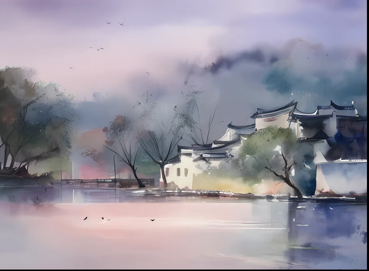 수채화 그림, 강남 건축, 한 지방, 호수 물, 즈크 바지, 흐릿한 안개, 몽환적인 색상,