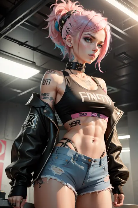 (most detailed, 8K, brilliantly executed), (punk rock vibe, high definition, meticulous attention to detail), (one girl), (pastel pink hair, black crop top biker jacket, jean shorts, tattoos), (athletic figure, perfectly toned abs). cyber punk