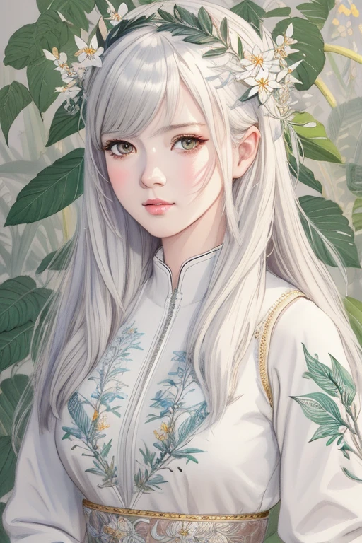 trending on ArtStation, trending on CGSociety, Intricate, High Detail, Sharp focus, dramatic, photorealistic painting art by midjourney and greg rutkowski, Sketch, masterpiece, best quality, extremely detailed, 1girl, full body, beautiful detailed eyes, cute anime face, full body, beautiful detailed face, white hair, (Botanical illustration:1.5), white dress