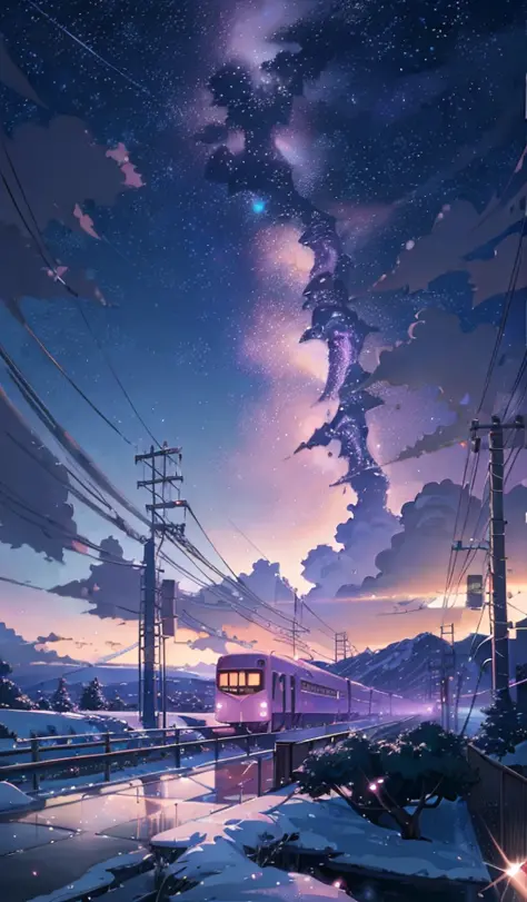 (((Makoto Shinkai style)),pixiv,anime drawing,high quality,pink purple sky,beautiful scene),(universe,train passing,magical realism,((makoto shinkai style)) ::0.8), [Artistic Atmosphere, Atmosphere:0.8, Starry Sky, Hills, Snow Mountain, Sparkling Water, Grass, Trees, Smoke, Stars, Low Angle of View, Specular Scattering,