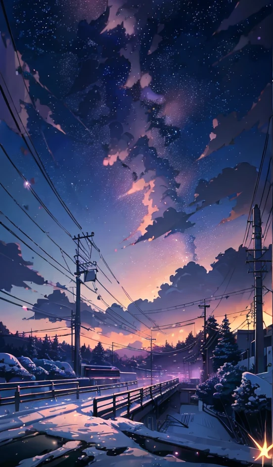 (((Makoto Shinkai style)),pixiv,anime drawing,high quality,pink purple sky,beautiful scene),(universe,train passing,magical realism,((makoto shinkai style)) ::0.8), [Artistic Atmosphere, Atmosphere:0.8, Starry Sky, Hills, Snow Mountain, Sparkling Water, Grass, Trees, Smoke, Stars, Low Angle of View, Specular Scattering,