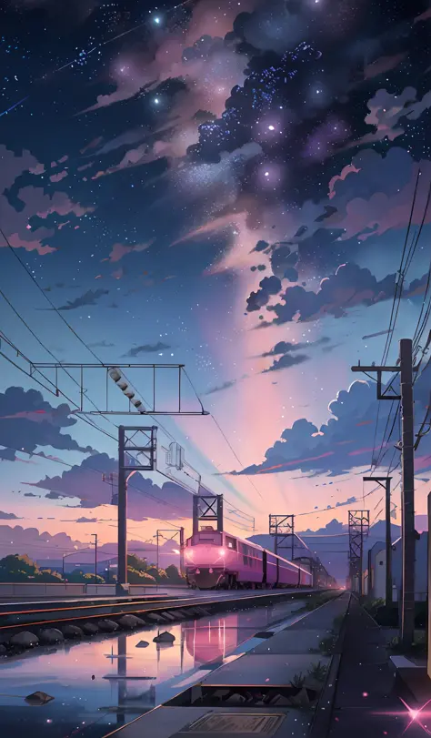 anime scene of a train passing under a pink and purple sky, an anime drawing by Makoto Shinkai, trending on pixiv, magical realism, beautiful anime scene, cosmic skies. by makoto shinkai, ( ( makoto shinkai ) ), by makoto shinkai, anime background art, sty...