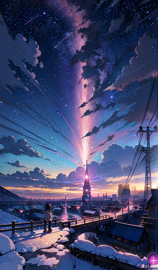 paysage animé d&#39;une ville avec une tour et une personne marchant sur un chemin enneigé, ciels cosmiques. par Makoto Shinkai, belle scène d&#39;anime, Makoto Shinkai Cyril Rolando, Art de fond d’anime, belle scène d&#39;animery, fond d&#39;écran animé 4k, fond d&#39;écran d&#39;art animé 4k, Fond d&#39;écran animé 4K, fond d&#39;écran animé 4k, fond d&#39;écran animé 4k