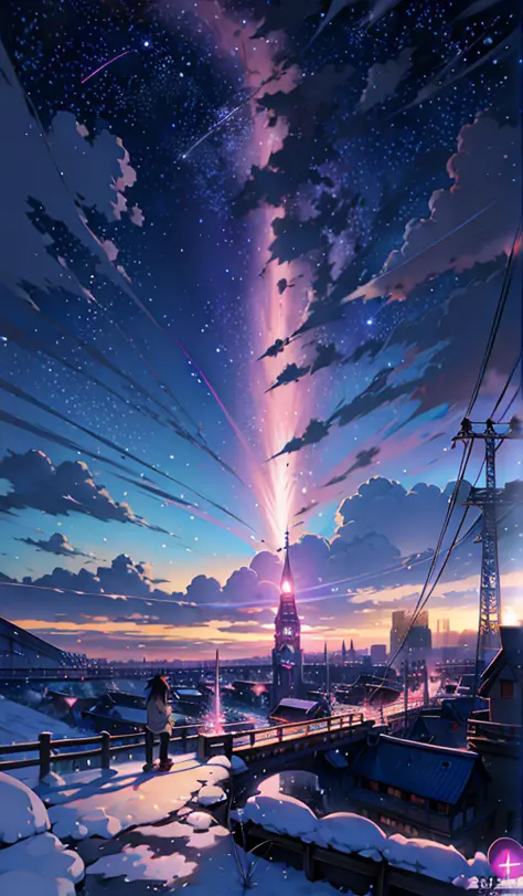 anime scenery of a city with a tower and a person walking on a snowy path, cosmic skies. by makoto shinkai, beautiful anime scen...