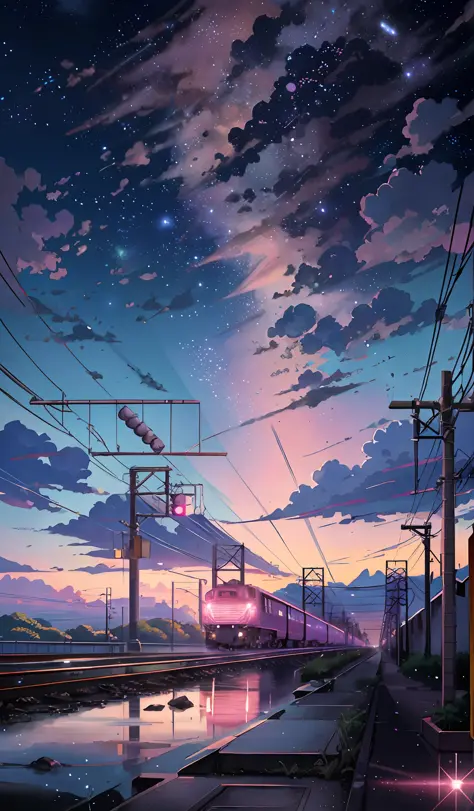 Anime scene with train passing under pink and purple sky, anime drawing by Makoto Shinkai, trending on pixiv, magic realism, beautiful anime scene, cosmic sky. by makoto shinkai, ( ( makoto shinkai ) ), by makoto shinkai, anime background art, makoto shink...