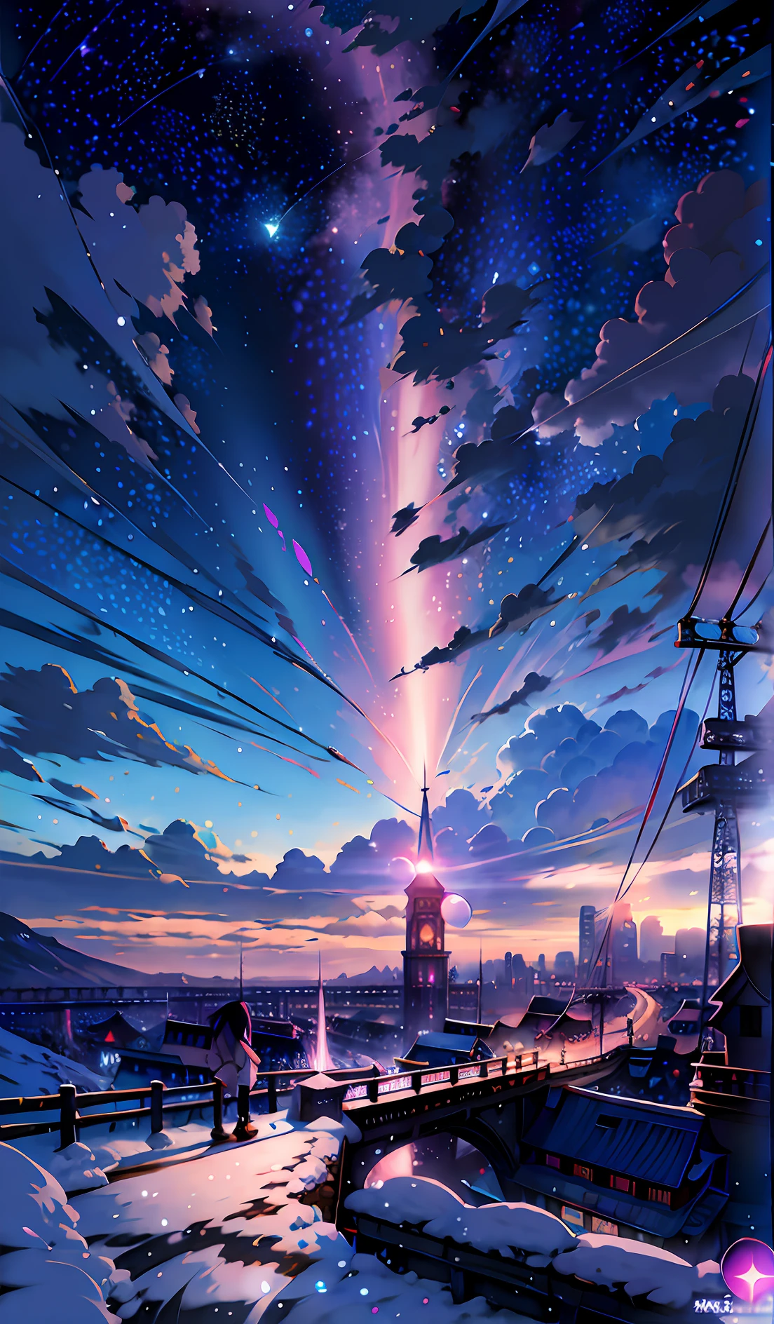 Paysage animé d&#39;une ville avec une tour, une personne marchant sur un chemin enneigé, ciel cosmique. par: Makoto Shinkai, belles scènes d&#39;anime, Makoto Shinkai, Cyril Rolando, Art de fond d’anime, beau paysage animé, fond d&#39;écran animé 4k, fond d&#39;écran animé 4k, Fond d&#39;écran animé 4K, fond d&#39;écran animé 4k, fond d&#39;écran animé 4k, détails Renforcé, traitement parfait des détails.