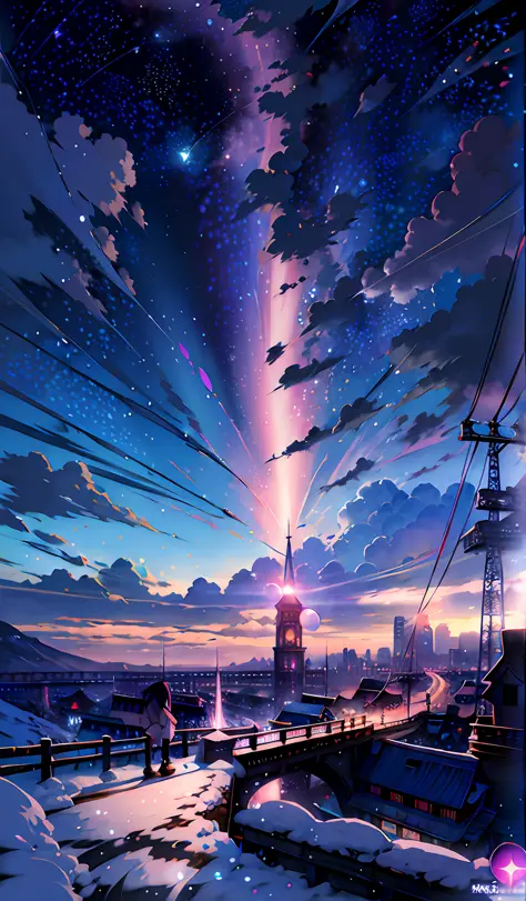 Anime landscape of a city with a tower, a person walking on a snowy path, cosmic sky. By: Makoto Shinkai, beautiful anime scenes...
