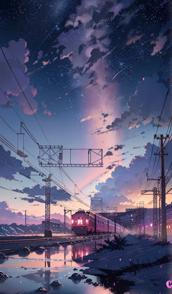 anime scene of a train passing under a pink and purple sky, an anime drawing by Makoto Shinkai, trending on pixiv, magical realism, beautiful anime scene, cosmic skies. by makoto shinkai, ( ( makoto shinkai ) ), by makoto shinkai, anime background art, style of makoto shinkai