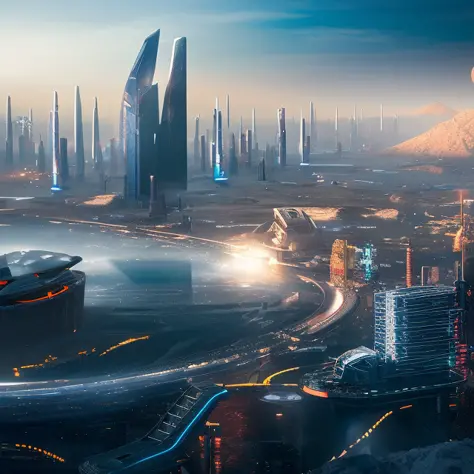 futuristic sci-fi cityscape, science fiction, surreal, high resolution, city