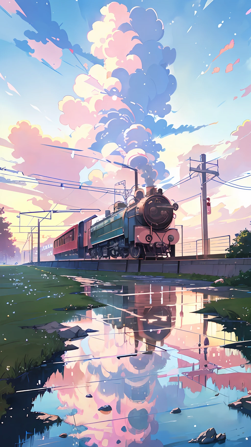 Anime train with smoke coming out of it and water in the foreground ...