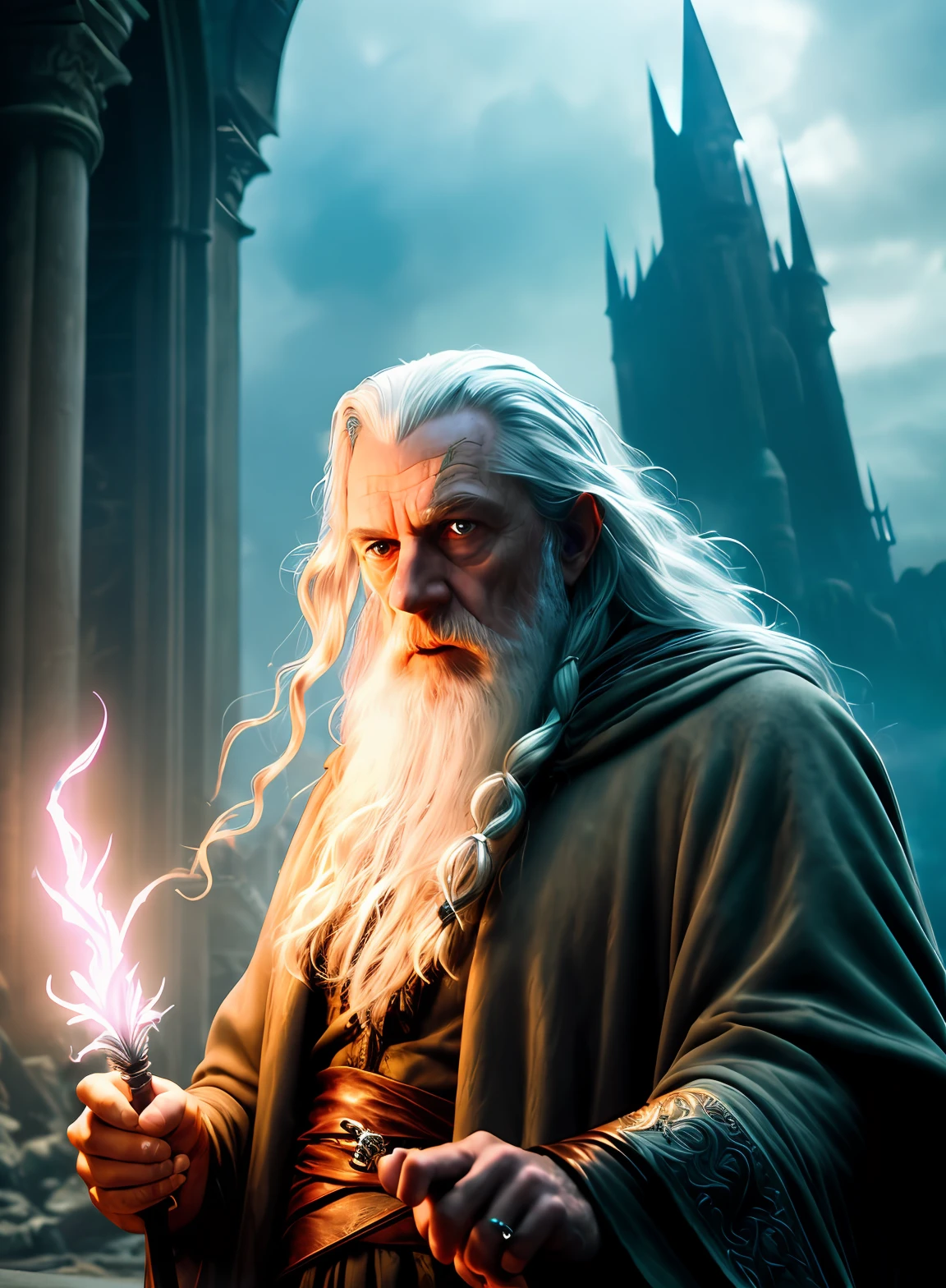 A man with a long white beard holding a wand in front of a castle ...