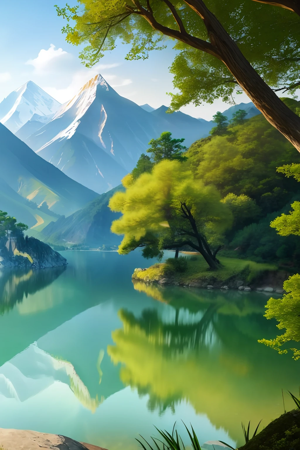 A beautiful Chinese mountain and lake, (masterpiece), (portrait), (raw photo), (highly detailed CG unity 8k wallpaper) intricate, sharp focus, dramatic, realistic art