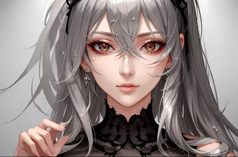 ((Masterpiece)), ((Top Quality)), ((Super Detail)), (Very Beautiful and Beautiful Woman: 1.4), Messy Gray Hair, Nails. Beautiful Detail, Very Detail, Beautiful Eye Detail, Beautiful Light Detail, Shiny Skin, Shiny Hair, Intricate Detail, X Movie Angle