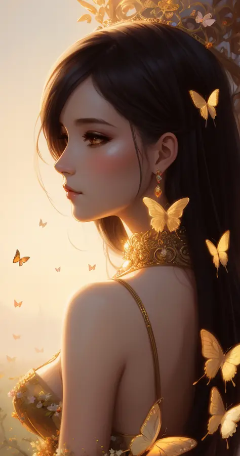 arafed woman with long hair and butterfly wings in her hair, beautiful fantasy art portrait, beautiful fantasy art, beautiful digital illustration, beautiful digital artwork, artwork in the style of guweiz, in the art style of bowater, ((a beautiful fantas...