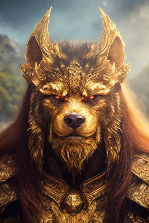 Golden Armor, Berserker Portrait, (Xi Jinping&#39;s Face 1.5), Warrior, Fantasy Art, Enemy Panics Just Looking at It, One Head, Devil&#39;s Smile, Hell Beast, Demon, White Fire Sky, Warrior, Scythe Shield, Beauty, Man, werewolf, long red braided hair, glowing golden eyes, realistic, highly detailed, Unreal Engine, 8k-upscale