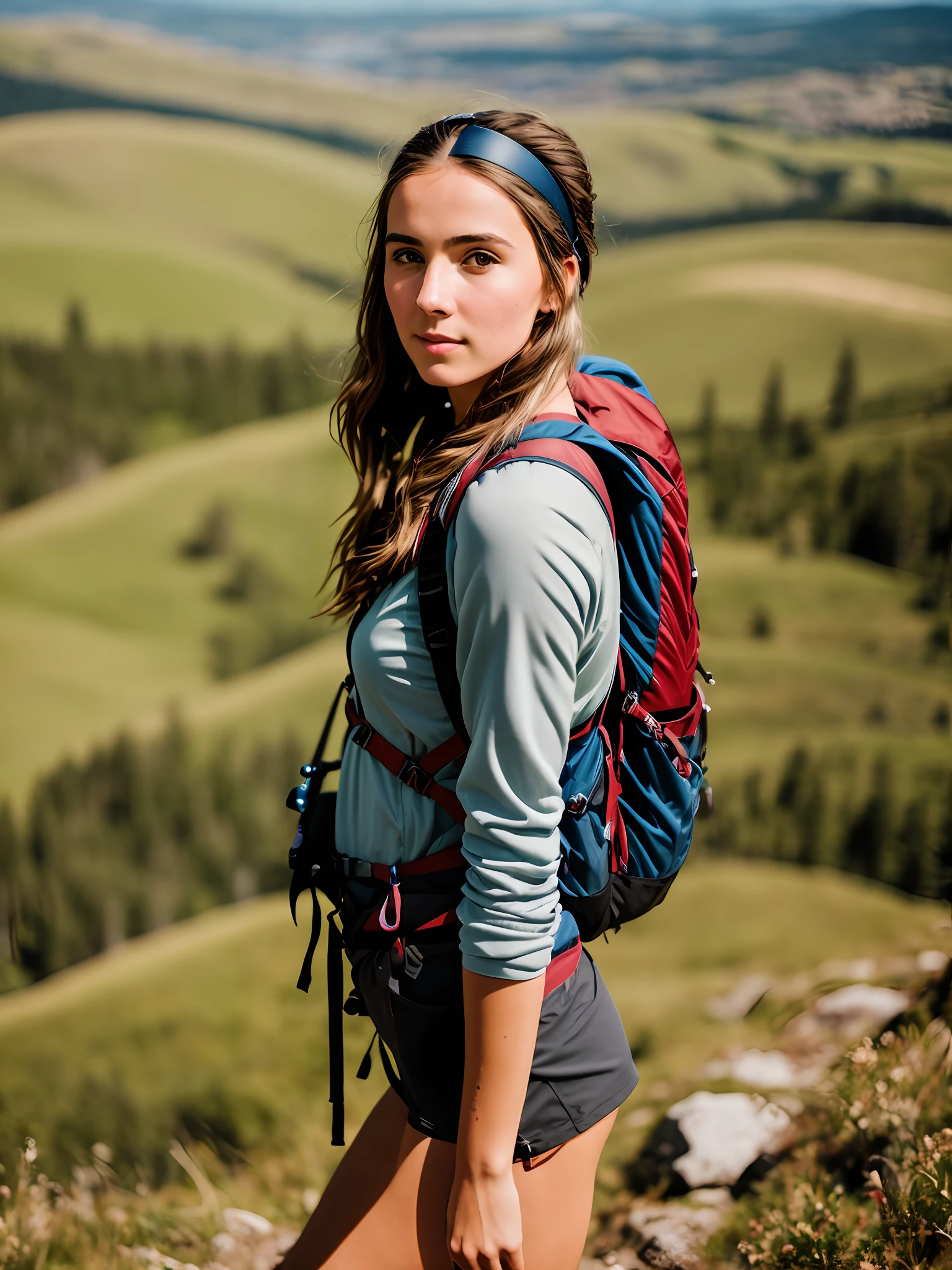 Arafed woman with a backpack standing on a mountain top - SeaArt AI