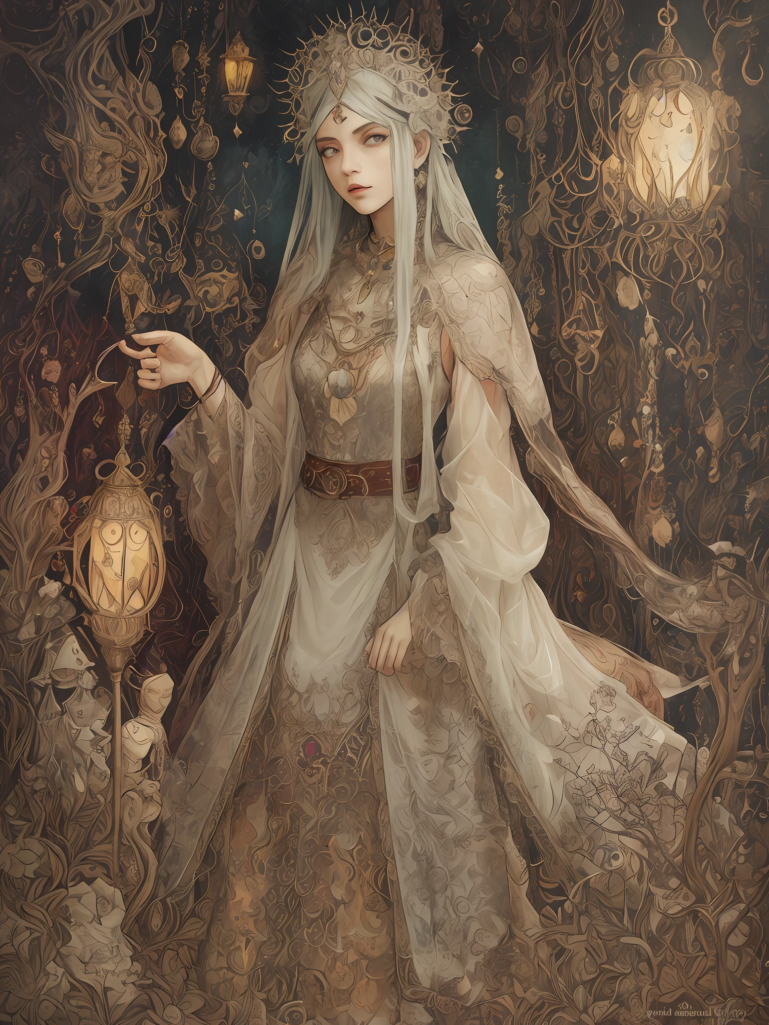 Best quality, detailed, illustration, traditional media, (fantasy: 1.1), magical, young 18 year old woman, elegant, ethereal, magical, witch, intricately encrusted jewels (translucent cloth: 1.2) robes, headbands, armbands, thighlet, shoulder straps, belt with pouch, inside a cozy fantasy hotel, (Art of Alexander Jansson: 1.3)