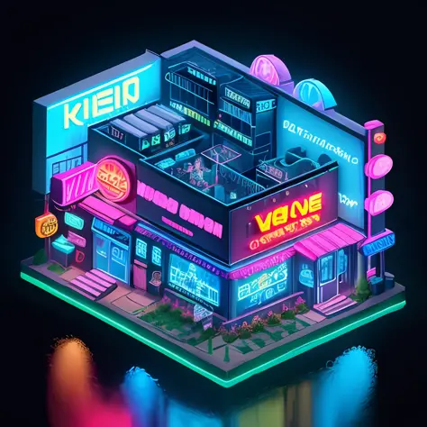 Isometric house, cartoon, cartoon gangster, KTV building with KTV sign, neon lights, bunny girl - v6