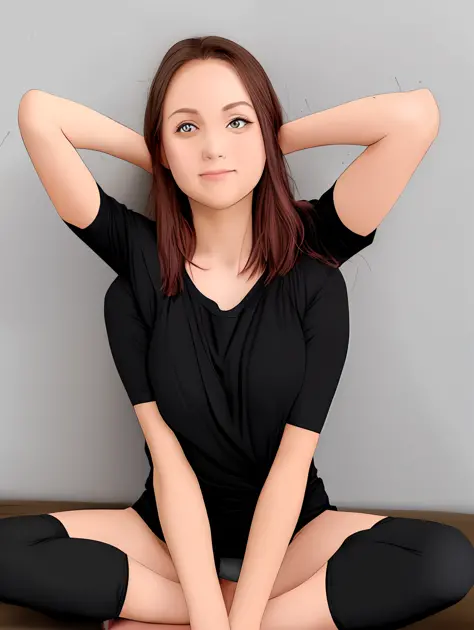 (multiarm:1.2) woman, four arms, anime, casual clothes, t-shirt, leggings, solo, double v, double peace sign, arms folded, sitting, hugging knee, from above, looking at viewer, mudra