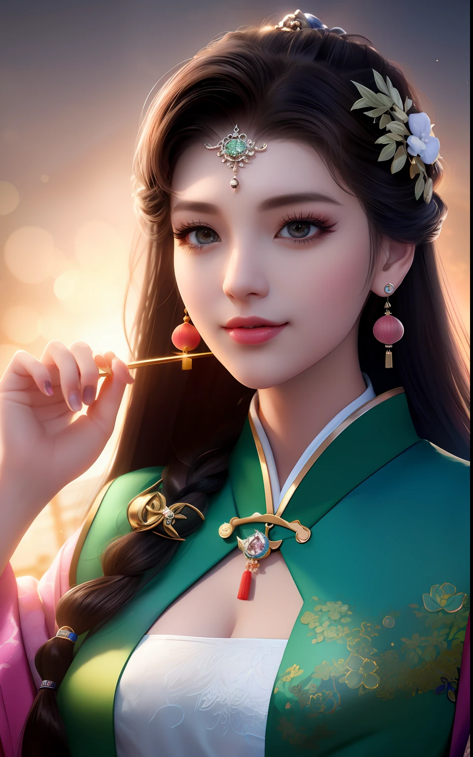 best quality, masterpiece, Upper body, night, full moon, 1 girl, mature woman, Chinese style, ancient China, sister, imperial sister, smile, dark brown hair, dark hair, princess cut, a Fried Dough Twists braid, coiled hair, double ball head, light pink lips, calm, intellectual, middle hair, green eyes, hairpin, hydrangea, fine face, facial close-up, hand close-up, Beautiful face, photorealistic, rim lighting, two tone lighting,(high detailed skin:1.2), 8k uhd, dslr, soft lighting, high quality, volumetric lighting, Photograph, high resolution, 4k, 8k, Bokeh