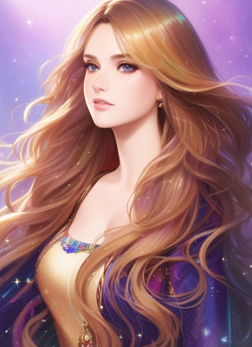 photorealistic painting ((full body)) portrait ((stunningly attractive)) of a woman at a music festival, ((perfect female face)), (+ long multi-colored wavy hair), (+ shiny freckles), sequins, in a dress, intricate, 8k , high detail, volumetric lighting, digital painting, intense, sharp focus, art by artgerm and rutkowski and alphonse mucha, cgsociety