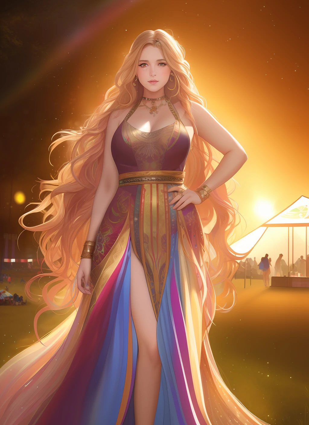 photorealistic painting ((full body)) portrait ((stunningly attractive)) of a woman at a music festival, ((perfect female face)), (+ long multi-colored wavy hair), (+ shiny freckles), sequins, in a dress, intricate, 8k , high detail, volumetric lighting, digital painting, intense, sharp focus, art by artgerm and rutkowski and alphonse mucha, cgsociety