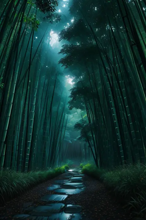 Lush bamboo in torrential rain at night, raindrops pouring down from trees, distant thunder rumbling, masterpiece, best quality,...