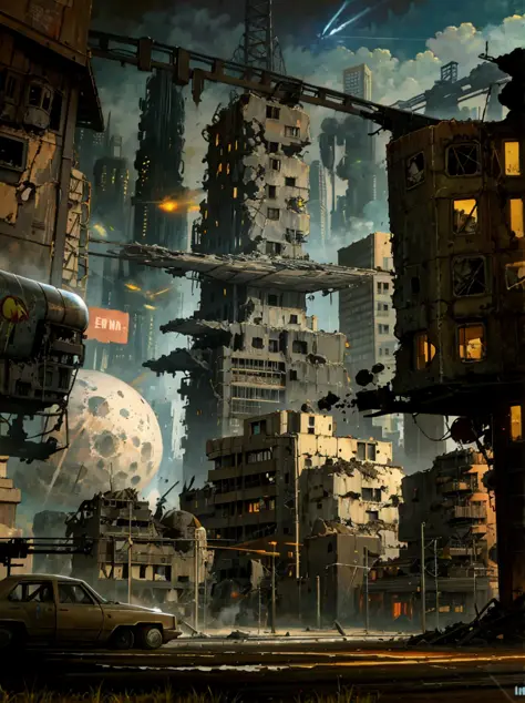 Post Apocalyptic, Retro Futuristic City, Bombed World war 2. (Destruction), (Craters), (Shell holes). Diesel Punk Setting, Haunt...