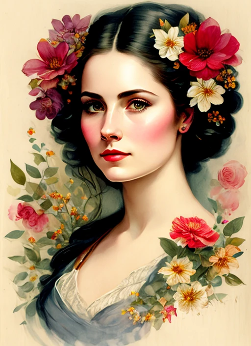 Retrato de boceto de litografía realista de Charlie Bowater, mujer, flores, [engranaje], tubería, dieselpunk, Cintas multicolores, textura de papel viejo, muy detallado