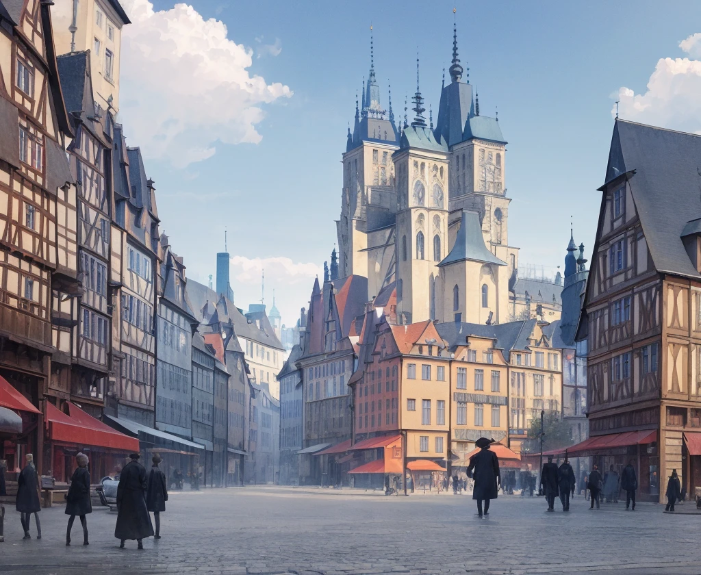 (czech, france, poland, german) industrial age city square photo, 1900, people, cars, atmospheric realistic photography, highly detailed (city street:1.2), particles sunny blue sky, absurdres, hyper-realism, textured, maximum_detail, dslr