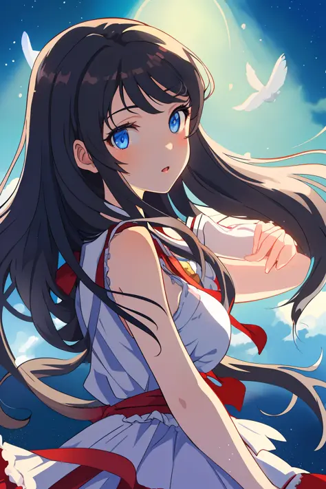 (Masterpiece) Best quality illustration of a stunning, ((solo)) girl with (long hair), (blue eyes), (black hair) (Sakurajima Mai)