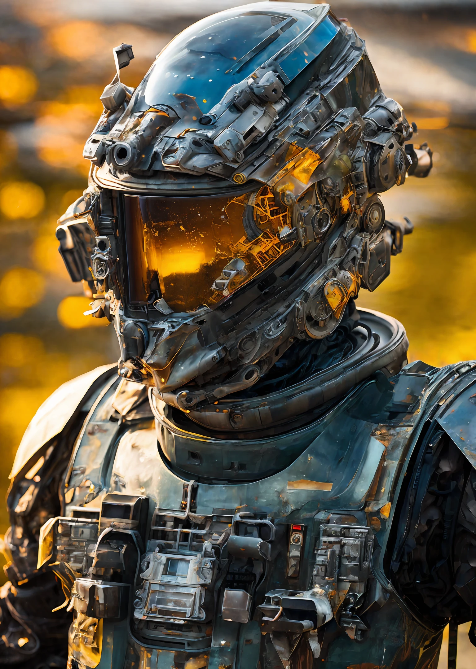 Portrait photo of transparent camo worn mech suit, ((light bokeh ...