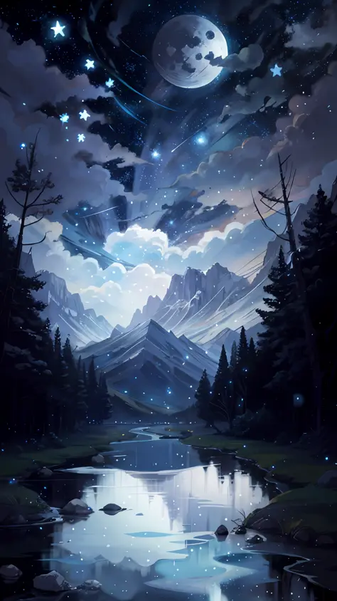 A painting of a river with stars and moon in the sky, concept art inspired by Tosa Mitsuoki, pixiv contest winner, best quality, fantasy art, beautiful anime scene, a bright moon, moonlit starry environment, dream painting, Anime Background Art, Fantasy La...