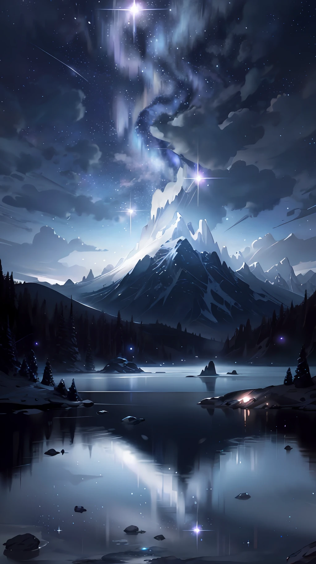 Starry Sky with Mountains and Lake, Jessica Rossier, Inspired by Jessica Rossier, Jessica Rossier Fantasy Art, Concept Art Magic Highlights, Official Artwork, Dream Painting, Ethereal Realm, Atmospheric artwork, dreamy matte paintings, serene endless stars inspired by Ted Nasmith, moonlit starry environments, epic music album covers.