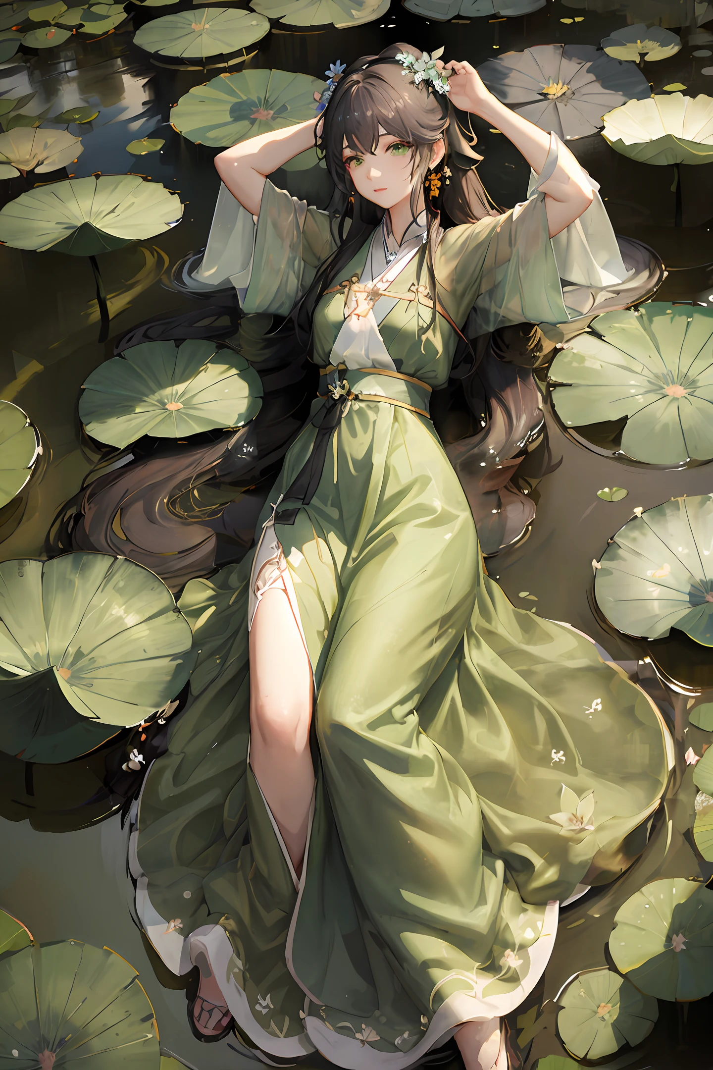 Da liegt eine Frau in einem grünen Kleid auf einem mit Seerosen bedeckten Teich, von Yang J, artwork in the style of guweiz, von Zeng Jing, guweiz on pixiv artstation, guweiz, guweiz on artstation pixiv, Palast ， Ein Mädchen in Hanfu, von Li Song, wunderschöne digitale Kunstwerke, by Chen Lin