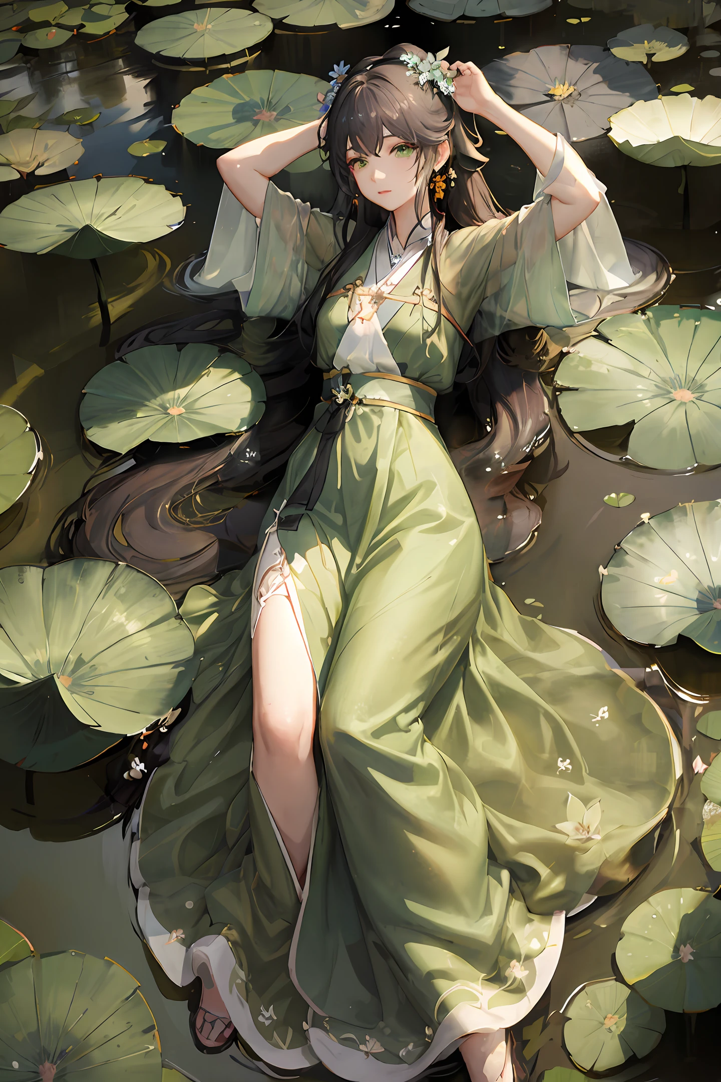 há uma mulher com um vestido verde deitada em um lago coberto de lírios, por Yang J, artwork in the style of Guweiz, por Zeng Jing, Guweiz on pixiv artstation, Guweiz, Guweiz on artstation pixiv, Palácio ， uma garota em hanfu, por Li Song, linda arte digital, Direção: Chen Lin