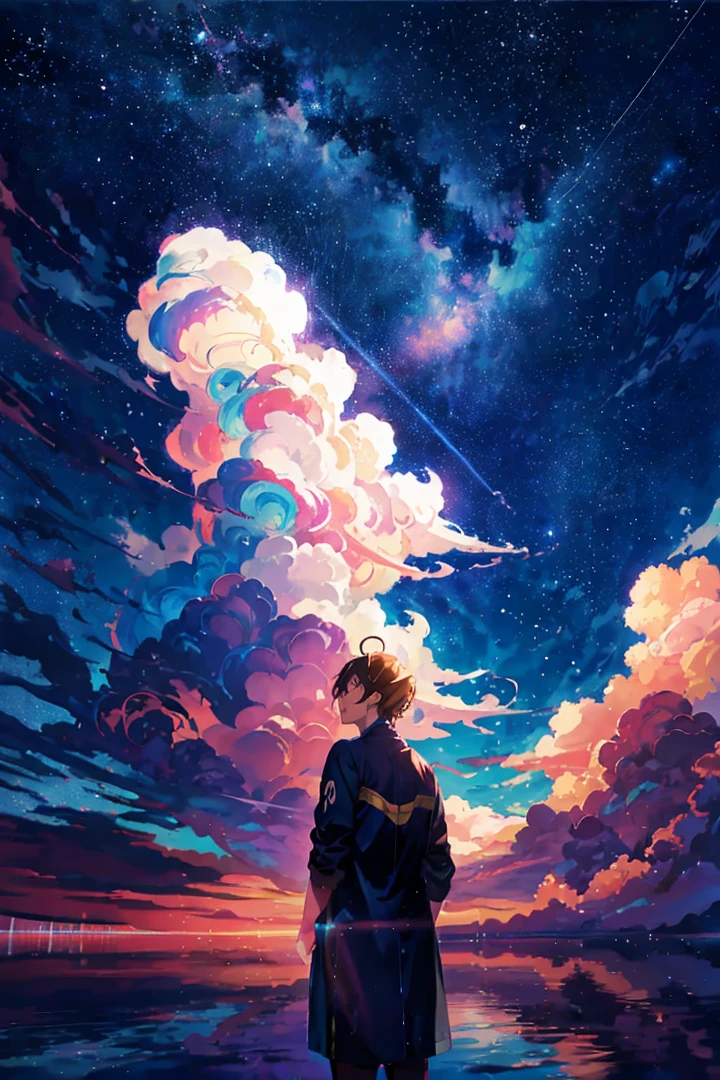 anime, um homem parado na frente de um lago olhando para o céu, Papel de parede de arte anime 4k, papel de parede de arte de anime 4k, papel de parede de arte de anime 8k, Papel de parede de anime 4K, papel de parede de anime 4k, papel de parede de anime 4k, sentado na paisagem de nuvens cósmica, na paisagem de nuvens cósmicas, makoto shinkai cyril rolando, nuvens espaciais, Céu de anime