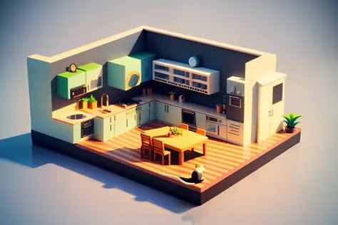 Isometric style, detailed 2D illustration, poly art, stylized 3D rendering, room where the cat lives, 3D stylized scene, 3D rendering, isometric 3D rendering, 3D illustration
