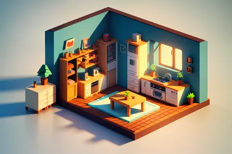 Isometric style, detailed 2D illustration, poly art, stylized 3D rendering, room where the cat lives, 3D stylized scene, 3D rendering, isometric 3D rendering, 3D illustration