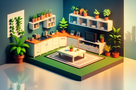 Isometric style, detailed 2D illustration, poly art, stylized 3D rendering, room with cat, 3D stylized scene, 3D rendering, isometric 3D rendering, 3D illustration, room full of plants, room with plants, Botanical garden