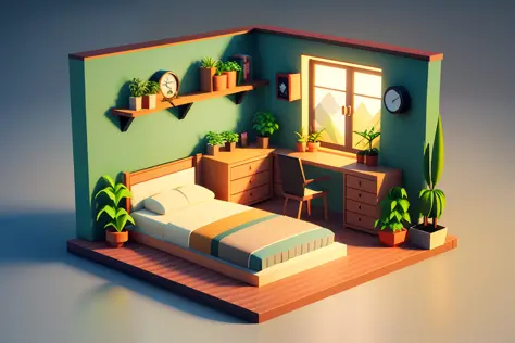 Isometric style, accurate 120 degrees, poly art, stylized 3D rendering, botanical garden, room, 3D stylized scene,