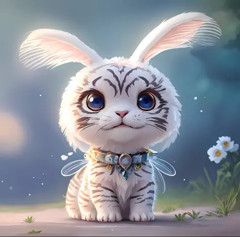 there is a white tiger with a bunny ears and a collar, cute detailed digital art, adorable digital painting, cute digital art, c...