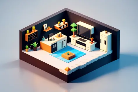 Isometric style, accurate 120 degrees, poly art, stylized 3D rendering, small room, 3D stylized scene,
