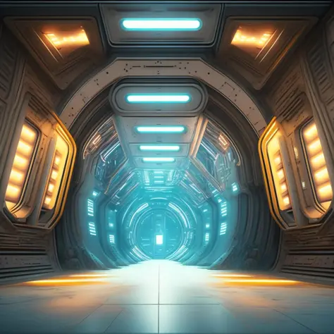 Spaceship interior with huge portholes, space can be seen outside the portholes, sci-fi, dilapidated, a little damaged, a little dirty, abandoned starship, corridor, with lights, huge perspective, sense of space